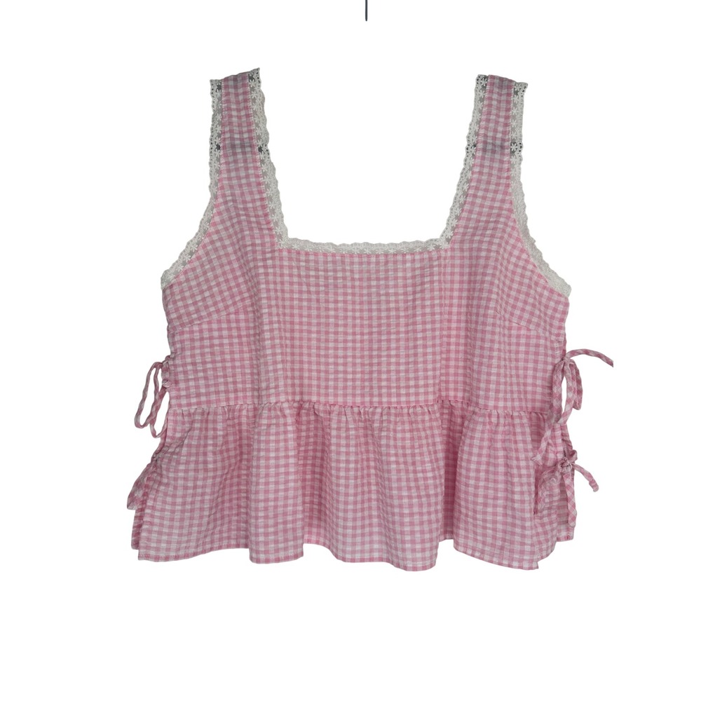 BP Pink Gingham Lace Trim Side Tie Peplum Tank Top Medium Cottagecore Girly